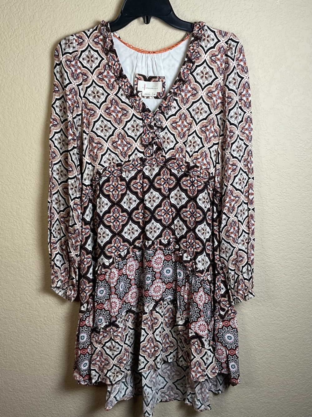 By Anthropologie Womens XS Tiered Long Sleeve V-neck Boho Mini Dress $148MSRP